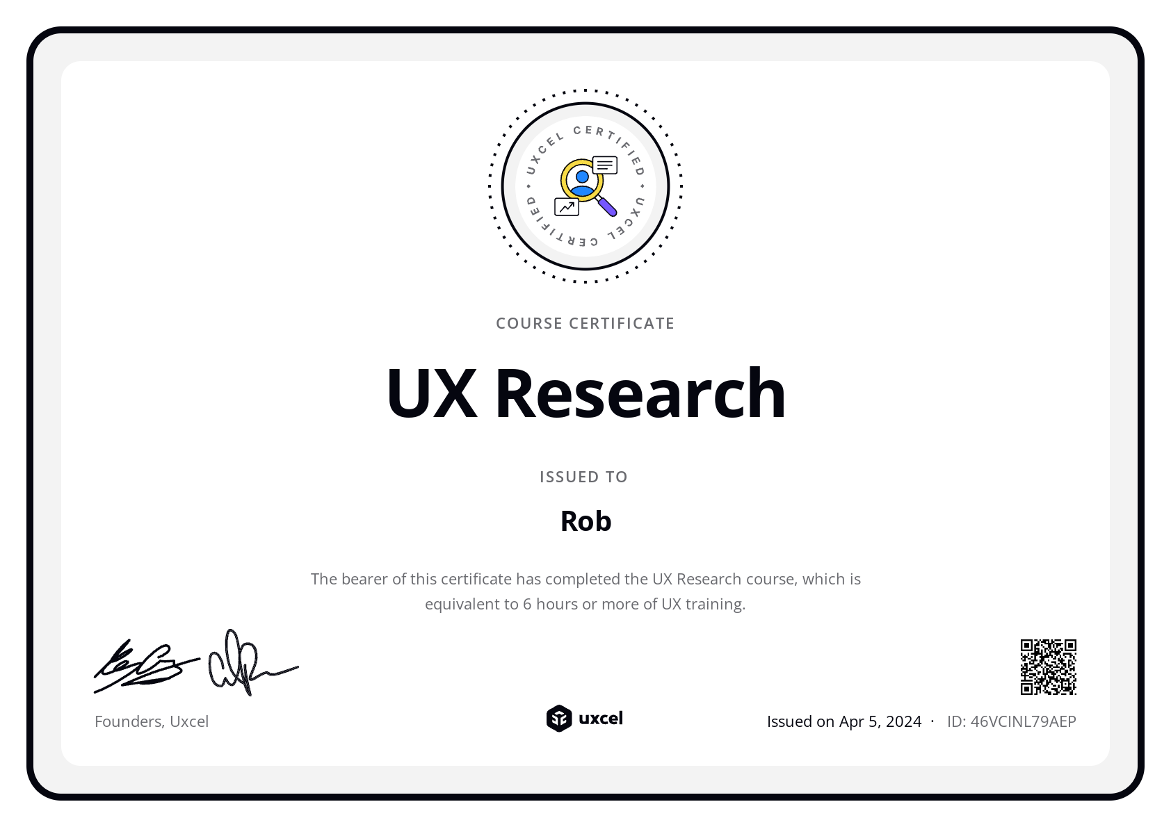 Rob B's certificate